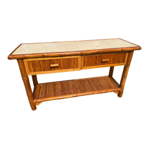 Vintage Huge Bamboo Console Table With Stone Top