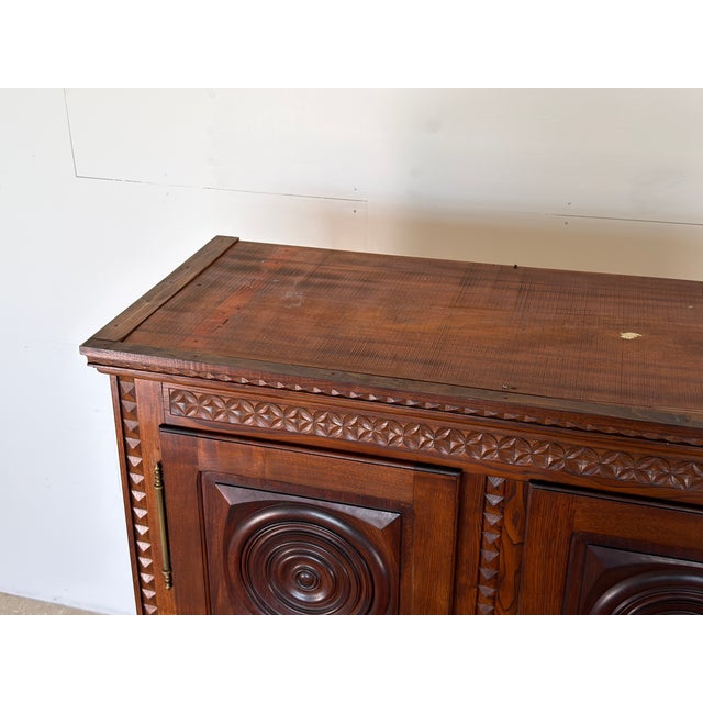 Brown French Brutalist Carved Oak Armoire attributed to Charles Dudouyt, 1940s For Sale - Image 8 of 15