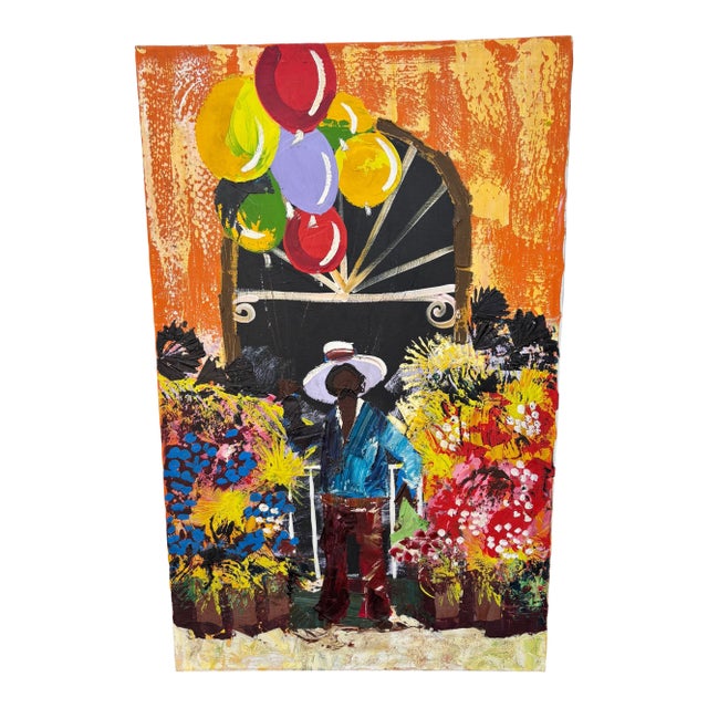 1960s Paul Blaine Henrie “The Balloon Vendor” Large Mid-Century Oil Painting, 30x48 For Sale