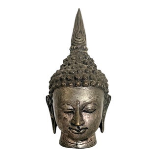 South East Asian 'Silver'' Shan Buddha Head on Carved Wood Stand For Sale