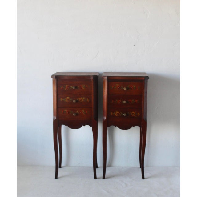 Petite French Louis Philippe Style Side Tables Nightstand Hand Painted Flowers Details -a Pair For Sale - Image 9 of 16