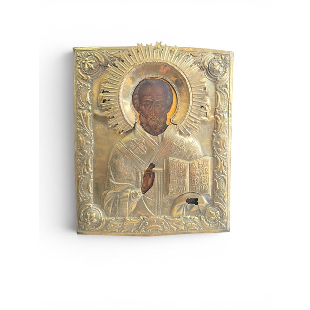 Russian Artist, Icon of Saint Nicholas with Silver-Plated Metal Oklad, 1880, Metal and Silver For Sale - Image 3 of 12