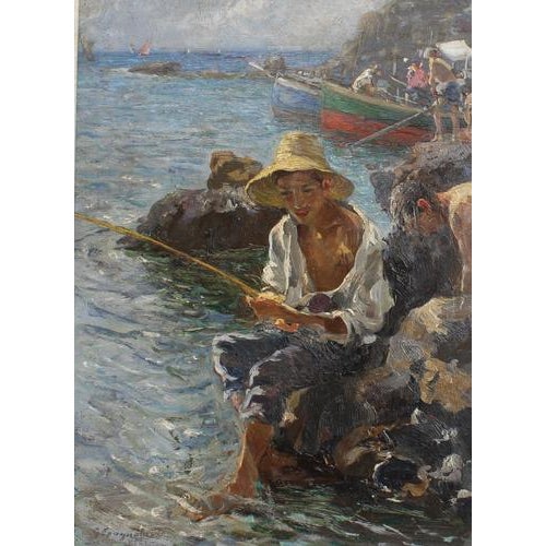 Pescatorello ' ('little fisherman'), oil on panel, by gaetano spagnolo (circa 1930s). A sunlit mediterranean coastal scene...