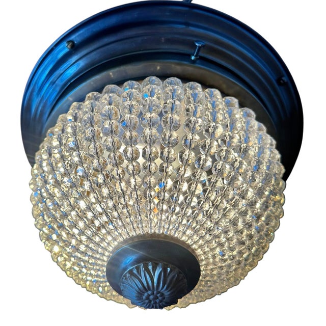 1920s Pair of Cut Crystal Ball Dome Flush Mount Fixtures on Brass Patina Holders, Circa 1920 For Sale - Image 5 of 5