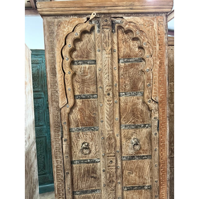 Vintage Arched Door Armoire – Limewashed Farmhouse Cabinet With Rustic European Charm For Sale In Orlando - Image 6 of 8