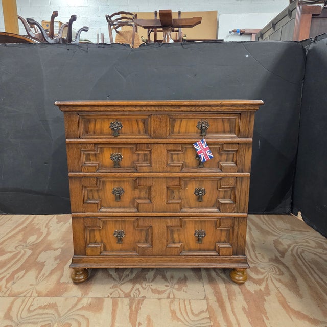 Late 19th Century Golden Oak 5 Drawer Geometric Patterned Chest of Drawers on Bun Feet For Sale - Image 14 of 14