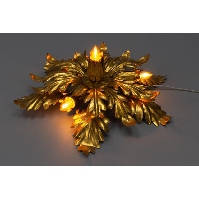Gilt Metal Leafed Sunburst-Shaped Four-Light Flush Mount, 1970s For Sale - Image 6 of 18
