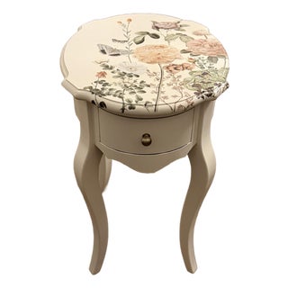 French Country Botanical Floral Accent Table With Scalloped Apron, Refinished For Sale