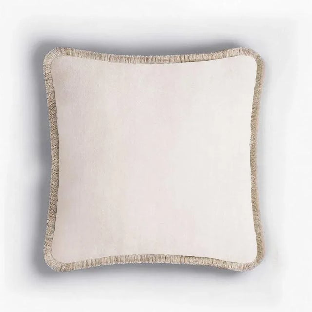 Early 21st Century Happy Pillow Soft Velvet Cushion with Fringe Light Beige-Beige by Lorenza Briola for Lo Decor For Sale - Image 5 of 5