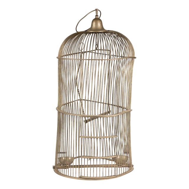 Antique Indian Brass Bird Cage with Domed Top and Original Perches For Sale