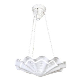 Vintage Ribbed Circular Undulating White Plaster Shell Pendant Light & Canopy For Sale