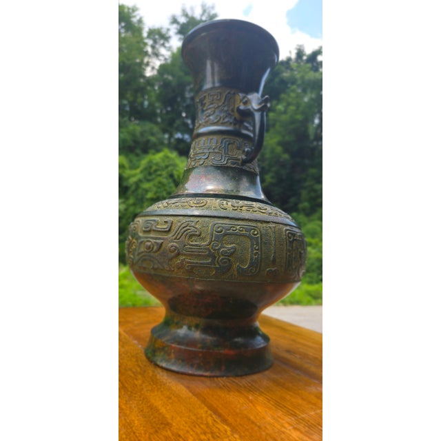 1950s Vintage Chinese-Style Archaistic Bronze Hu Vase With Elephant Head Handles, Patinated Finish For Sale - Image 5 of 18