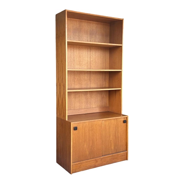 1960s Danish Modern Teak Bookcase With Sliding Door Cabinet For Sale