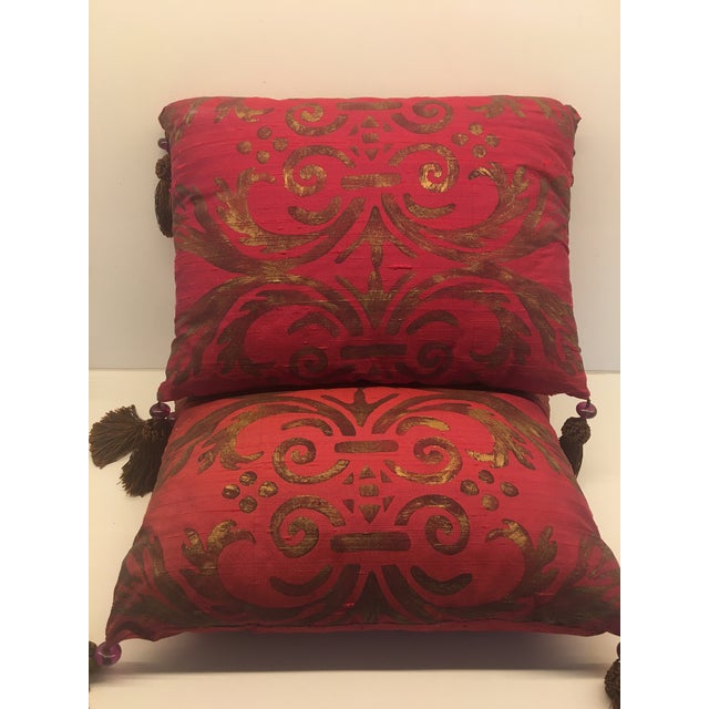 Fortuny Vintage Pair of Isabelle H.Hand Painted Cherry Silk, Accessary Pillows, For Sale - Image 4 of 9