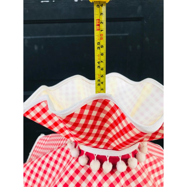 A Pair of Cottage-Core Stiffel Attributed Brass and White Porcelain Table Lamps With Gingham Red Shades For Sale - Image 9 of 12