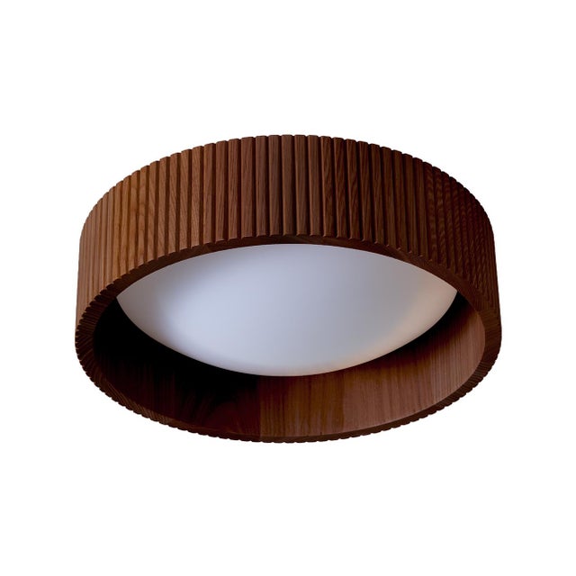 Not Yet Made - Made To Order Tambo Flush Mount Ceiling Light - Glass Diffuser, Weathered Brass, Dark Walnut, Dimmable, 14" For Sale - Image 5 of 14