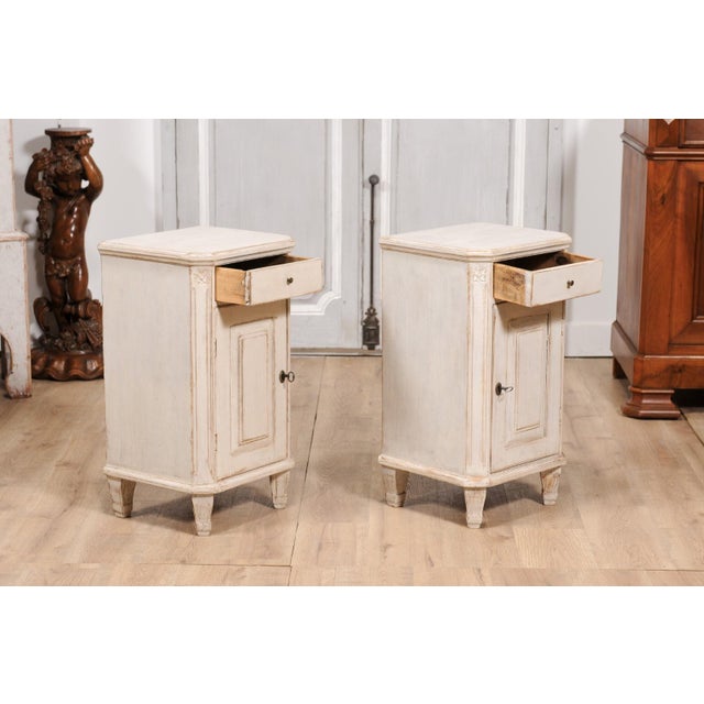 Swedish Gustavian 1880s Light Gray Nightstands with Drawers and Doors - A Pair For Sale - Image 9 of 12