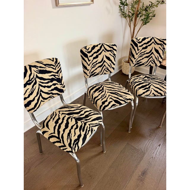 Chrome Vintage Chrome Dinette Chairs in Tiger Chenille - Set of 3 For Sale - Image 8 of 10