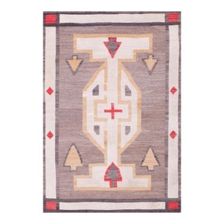 1920s Gray White Abstract Geometric Antique American Navajo Flat Weave Rug 3'10" X 5'8" Wool Carpet For Sale