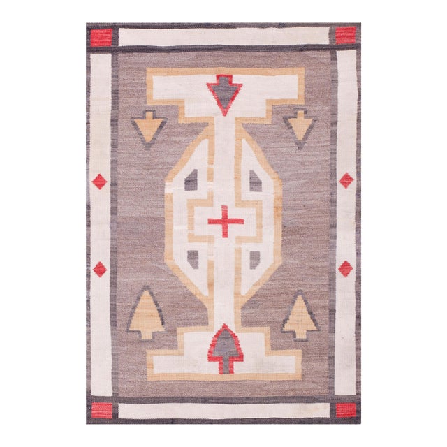 1920s Gray White Abstract Geometric Antique American Navajo Flat Weave Rug 3'10" X 5'8" Wool Carpet For Sale