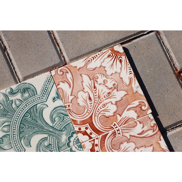 Art Deco Tiles Set of Eight Large Portuguese Green & Terracotta Ornamental Design c.1920s For Sale - Image 11 of 12