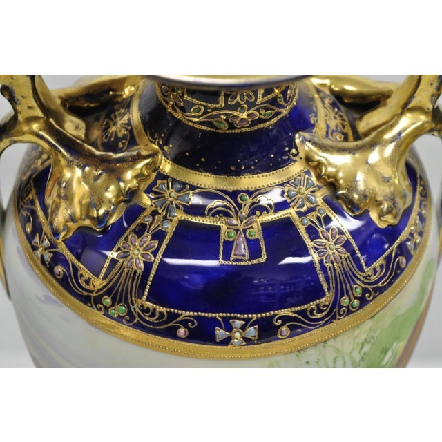 Antique Nippon Hand Painted Cobalt Blue Porcelain Twin Handle Bolted Urn Vase For Sale In Philadelphia - Image 6 of 18