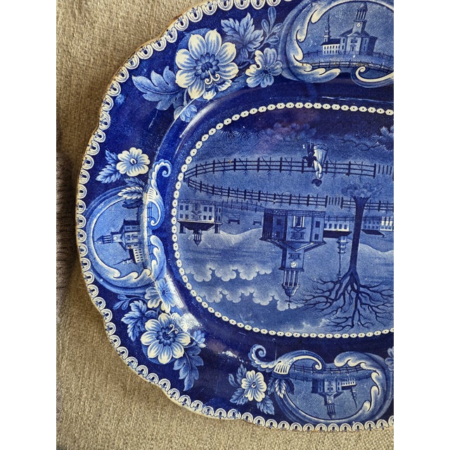 Wood Blue and White Staffordshire Platter "Winter View of Pittsfield Massachusetts " For Sale - Image 7 of 10