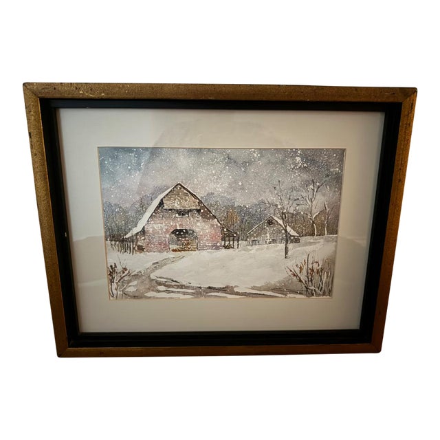 Original Vintage Watercolor Red Barn in Snow by D B Billingsley Framed For Sale