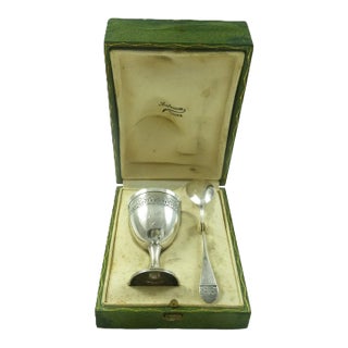 Antique French Sterling Silver Egg Cup & Spoon Set | Boxed Set | C 1900 For Sale