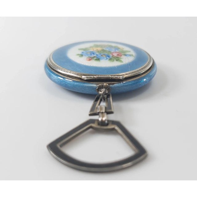 Metal Early 20th Century Blue Guilloche Enamel Floral and Sterling Silver Makeup Compact For Sale - Image 7 of 11