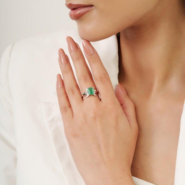 Art Deco Inspired Emerald With Diamond Cluster Ring for Gifts- Size 7 For Sale - Image 6 of 11