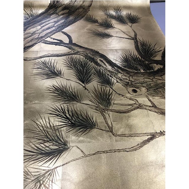 Chinoiserie Gold Leaf Chinoiserie Hand-Painted Black Ink Pine Tree Wall Panels (Set of 4) For Sale - Image 3 of 4