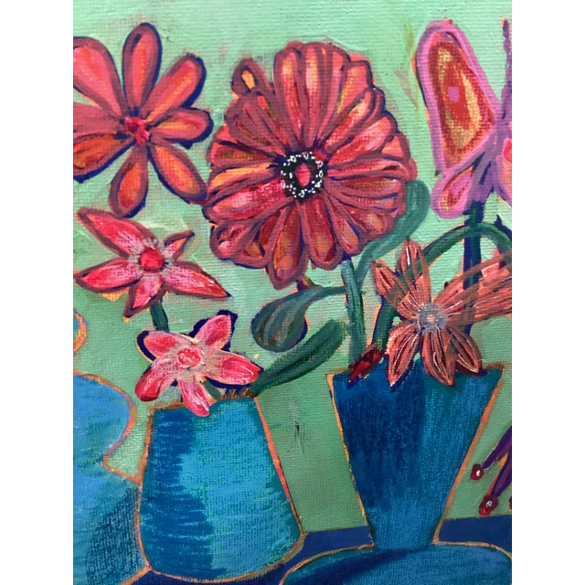 Textile Abstract Floral Still Life Painting, Colorful Modern Vase Art, MCM Style, Original 8x8 Teal Blue For Sale - Image 7 of 8