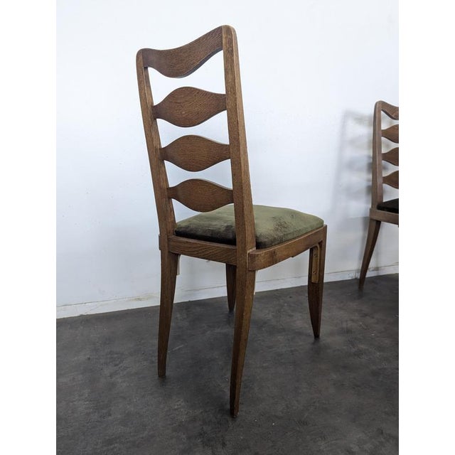 Oak Chairs with Diamond-Patterned Backs and Green Velvet Upholstery, 1940s, Set of 6 For Sale - Image 6 of 8