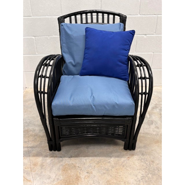 Contemporary Vintage Rattan Lounge Chair in Black Enamel. McGuire-Style Leather Bindings and Stick Reed Details. Performance Cushions, Professionally Refurbished. For Sale - Image 3 of 9