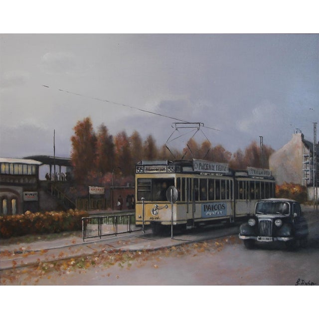 This oil painting by Berlin-based cityscape artist Günter Fischer (1940-) portrays the Spandau West railway station. Set...