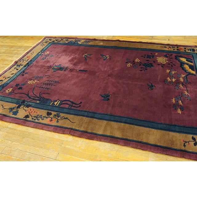 Art Deco 1920s Purple Floral Antique Chinese Art Deco Rug 6'2" X 8'9" Handknotted Wool Carpet For Sale - Image 3 of 6
