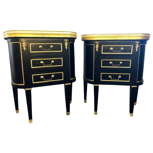 Pair of Jansen Inspired Marble-Top Galleried Ebonized End Tables / Nightstands For Sale - Image 4 of 12
