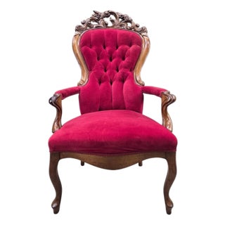 Vintage Victorian Style Tufted Red Velvet Armchair For Sale
