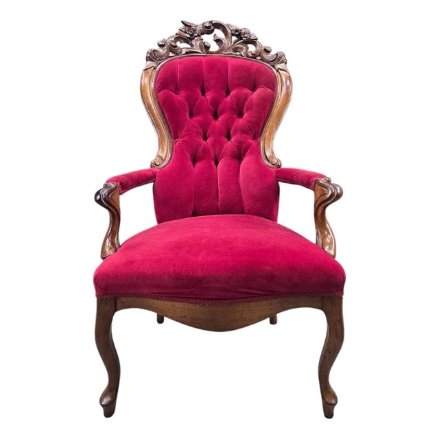 Vintage Victorian Style Tufted Red Velvet Armchair For Sale