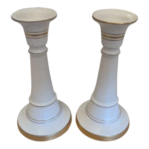 1970s North Carolina Hyalyn White/Gold Candle Holders - a Pair