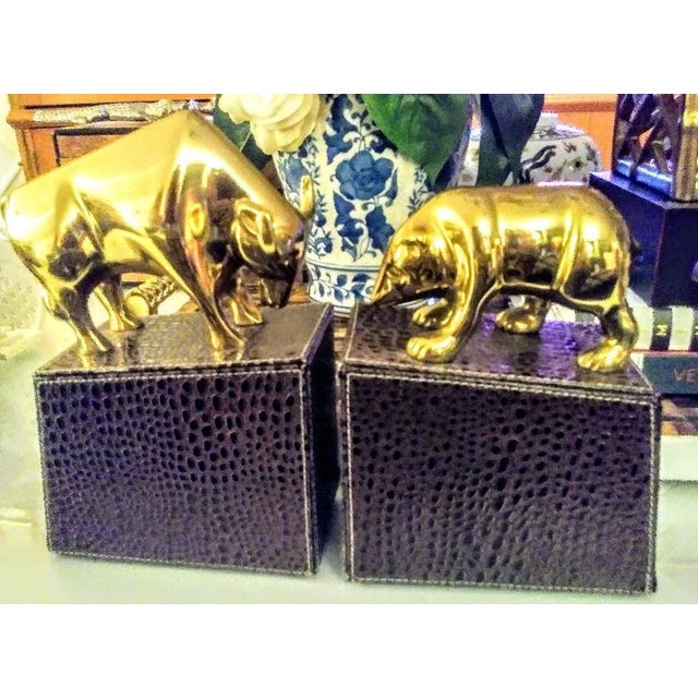 1980s Vintage Brass Bull and Bear Brown Faux Snakeskin Bookends- a Pair For Sale - Image 5 of 5