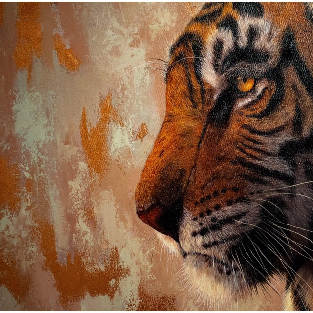 My Serious Side by Andrada Trapnell | Mixed media on canvas of a tiger's profile For Sale - Image 4 of 5