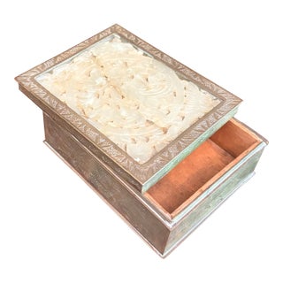 Mid 20th Century Carved Stone (Possibly Jade) Trinket Box With Brass Frame and Wood Interior For Sale