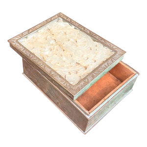 Mid 20th Century Carved Stone (Possibly Jade) Trinket Box With Brass Frame and Wood Interior