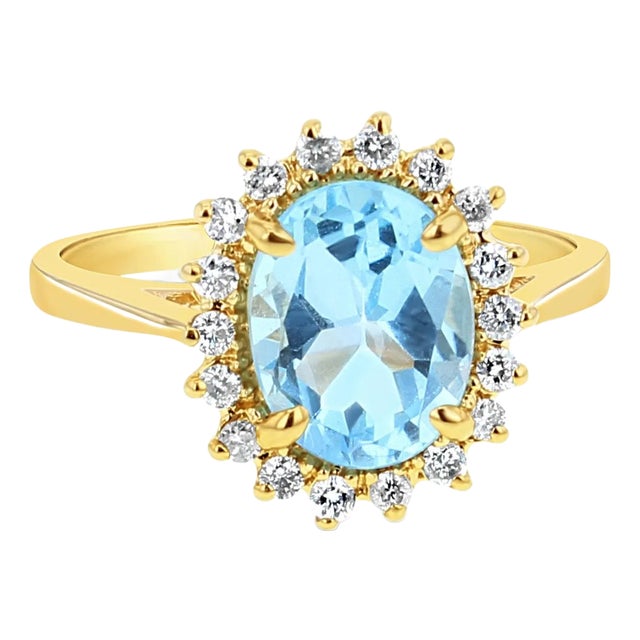 Blue Topaz Diamond Halo Ring, Size 6 For Sale