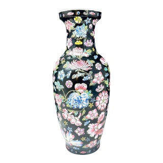 Vintage Black Cloisonné Floral Vase Colorful Enamel Chinoiserie Palm Beach For Sale