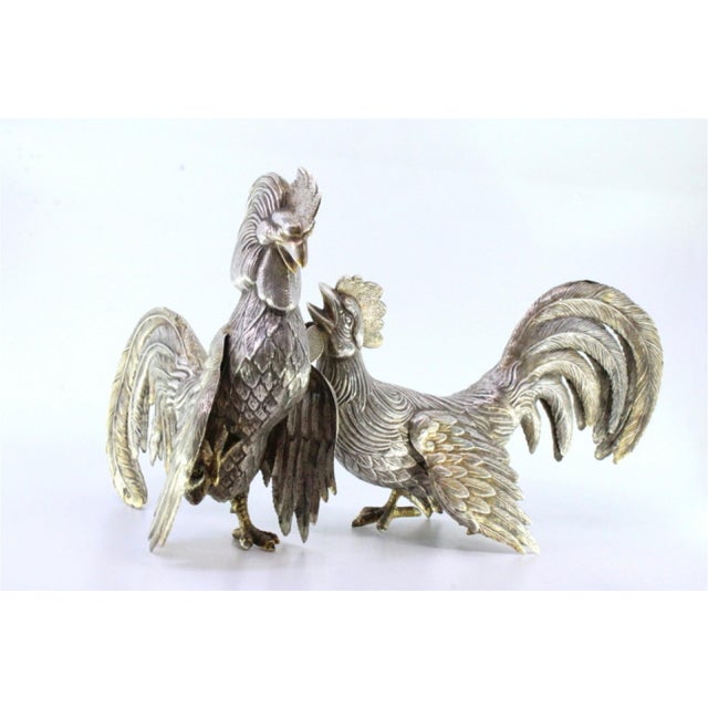 Silver Fighting Cocks with Reliefs, Set of 2 For Sale - Image 3 of 6