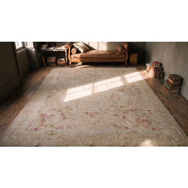 Beautiful and Decorative Soft Neutral Pastel With Delicate Flower Design Antique French Aubusson Rug For Sale - Image 9 of 10