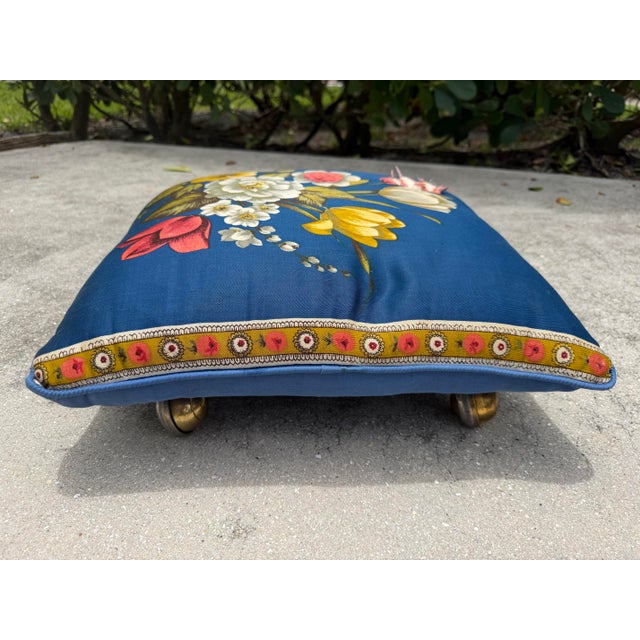 Vintage Floral Upholstered Footstool on Brass Ball Casters For Sale - Image 4 of 13